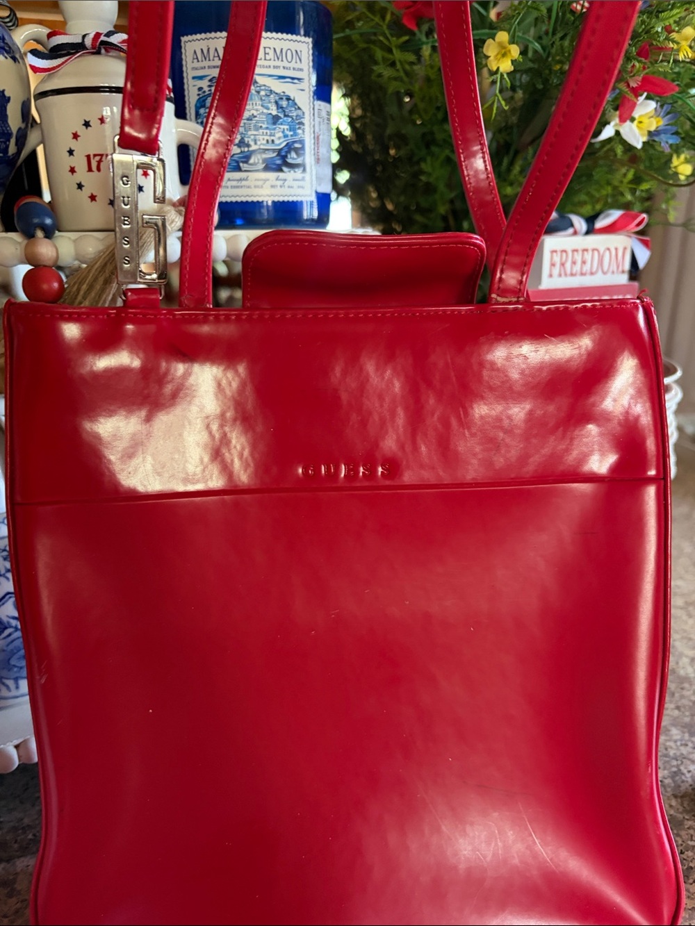 GUESS Glossy Red Patent Shoulder Tote